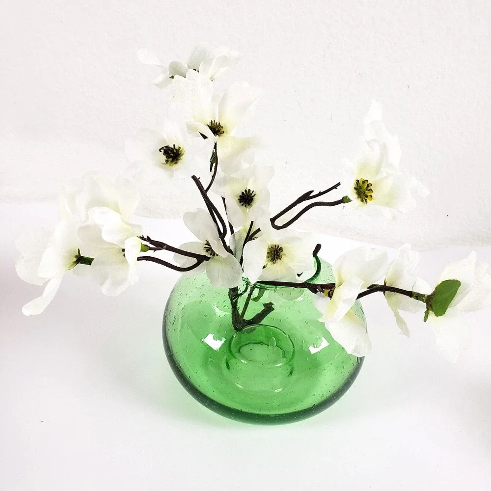2Pc Art Glass Green Vase Votive Candle Holder Hand Blown Seeded Bubble Reversibl